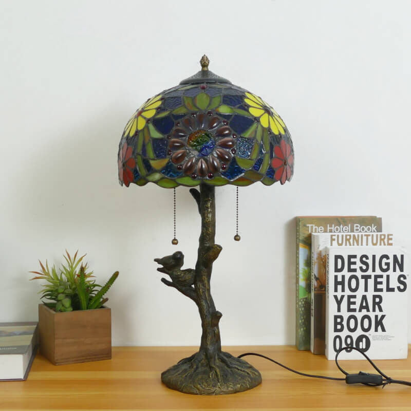 Traditional Tiffany Dragonfly Flower Stained Glass Bird Base 2-Light Table Lamp For Bedroom