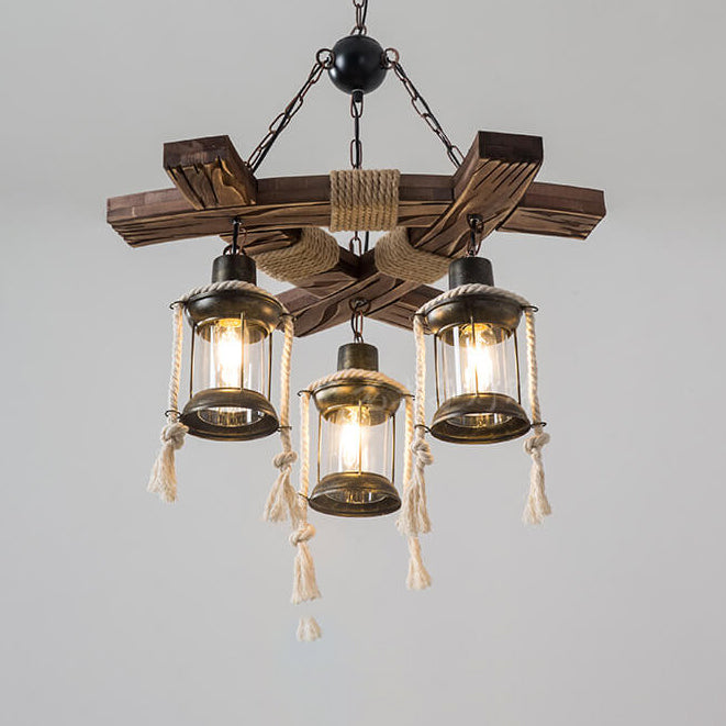 Retro Hemp Rope Wooden Birdcage Lampshade 3-Light Chandelier