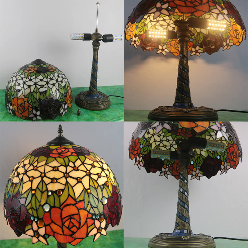 Traditional Tiffany Flower Decor Stained Glass Dome 2-Light Table Lamp For Bedroom