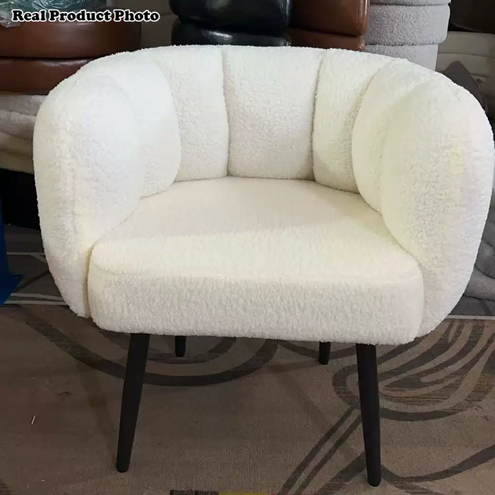Taburete tocador moderno minimalista con cojín de asiento curvo, tela sherpa, esponja y acero al carbono, con respaldo y reposabrazos, para dormitorio 