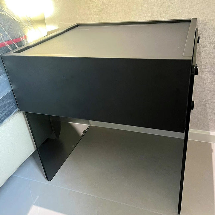 Table de chevet moderne minimaliste rectangulaire en verre, bois et contreplaqué, 1 tiroir, pour chambre à coucher 
