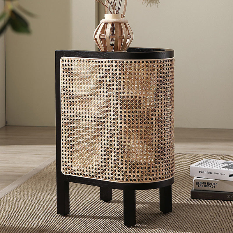 Traditional Japanese Weaving Semicircular Elliptical Faux Rattan Ash Wood Nightstand 2-Storage For Bedside