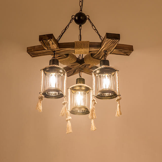 Pantalla de lámpara de jaula de pájaro de madera con cuerda de cáñamo retro, candelabro de 3 luces 