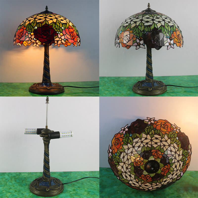 Traditional Tiffany Flower Decor Stained Glass Dome 2-Light Table Lamp For Bedroom