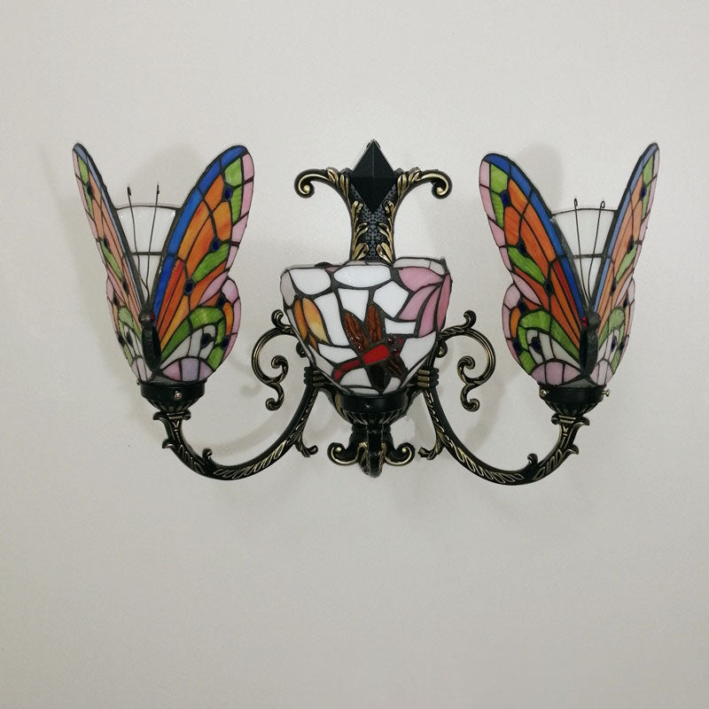 Traditional Tiffany European Butterfly Alloy Iron Glass 3-Light Wall Sconce Lamp For Hallway