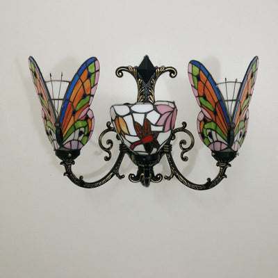 Traditional Tiffany European Butterfly Stained Glass 3-Light Wall Sconce Lamp For Hallway