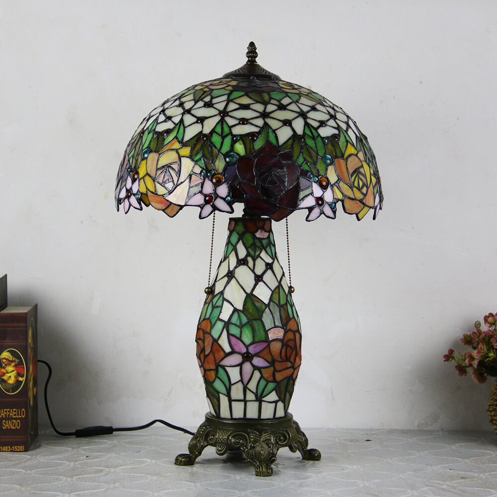 Tiffany Vintage Rosenblume Dekor Buntglas Kuppel 2-Licht Tischlampe 