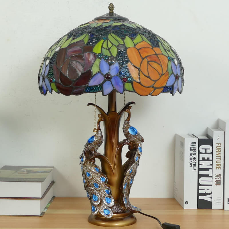 Vintage Tiffany Stained Glass Dome Peacock Base 2-Light Table Lamp