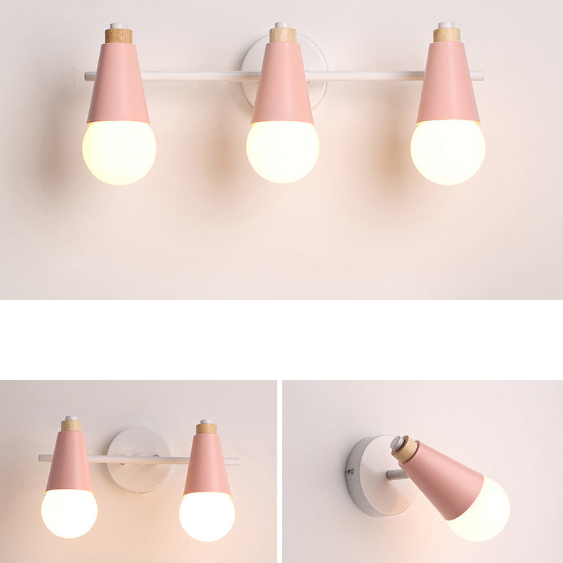 Lampe murale moderne en bois, fer et corne, cône 1/2/3 lumières pour chevet 