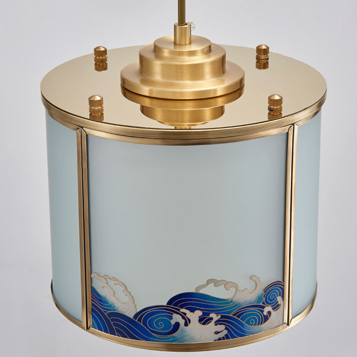 Traditionelle chinesische Messingglaszylinder-Pendelleuchte mit 1 Licht für Wohnzimmer 