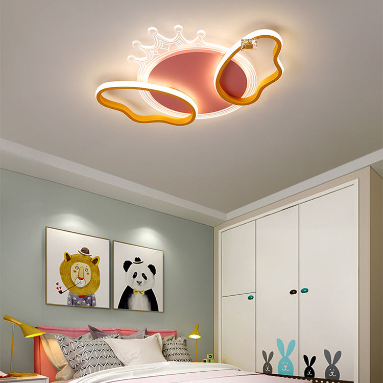 Modern Art Deco Butterfly Crown Round Acrylic Iron LED Flush Mount Ceiling Light For Bedroom