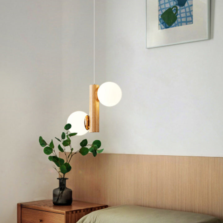 Moderne minimalistische Kugel Zylinder Eisen Glas Eiche Gummi Holz 2-Licht Pendelleuchte für Wohnzimmer 