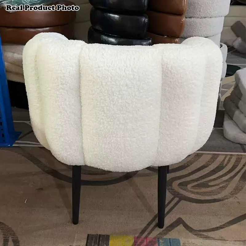 Taburete tocador moderno minimalista con cojín de asiento curvo, tela sherpa, esponja y acero al carbono, con respaldo y reposabrazos, para dormitorio 