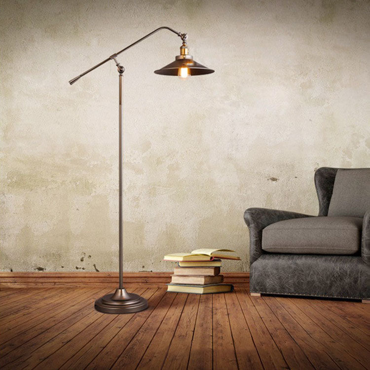Zeitgenössische industrielle zylindrische Stehlampe mit langem Arm aus Eisen mit 1 Licht für Schlafzimmer 