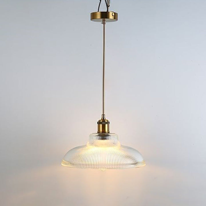 Traditional Japanese Wood Brass Glass Semicircular Loudspeaker 1-Light Pendant Light For Dining Room