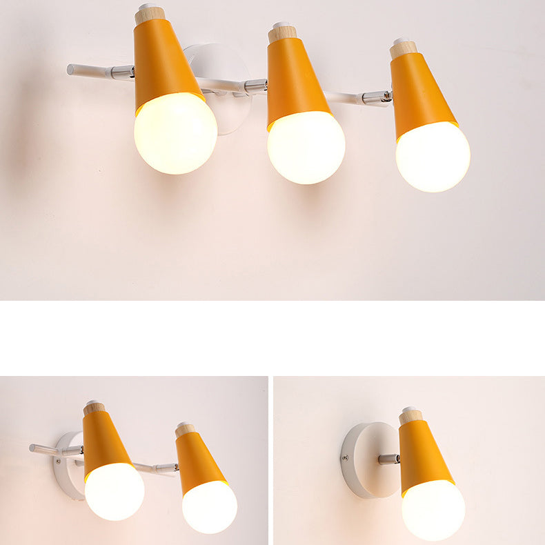 Lampe murale moderne en bois, fer et corne, cône 1/2/3 lumières pour chevet 