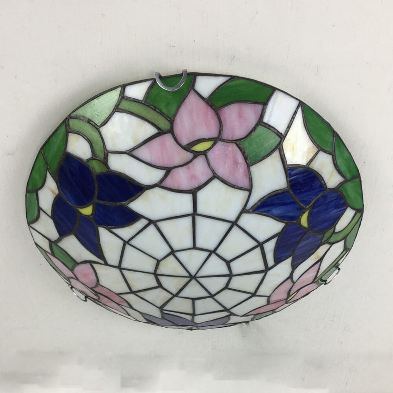 Traditional Tiffany Round Shell Bead Stained Glass 2-Light Flush Mount Ceiling Light For Hallway