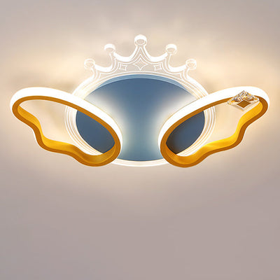 Modern Art Deco Butterfly Crown Round Acrylic Iron LED Flush Mount Ceiling Light For Bedroom
