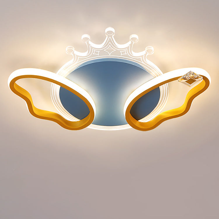 Modern Art Deco Butterfly Crown Round Acrylic Iron LED Flush Mount Ceiling Light For Bedroom