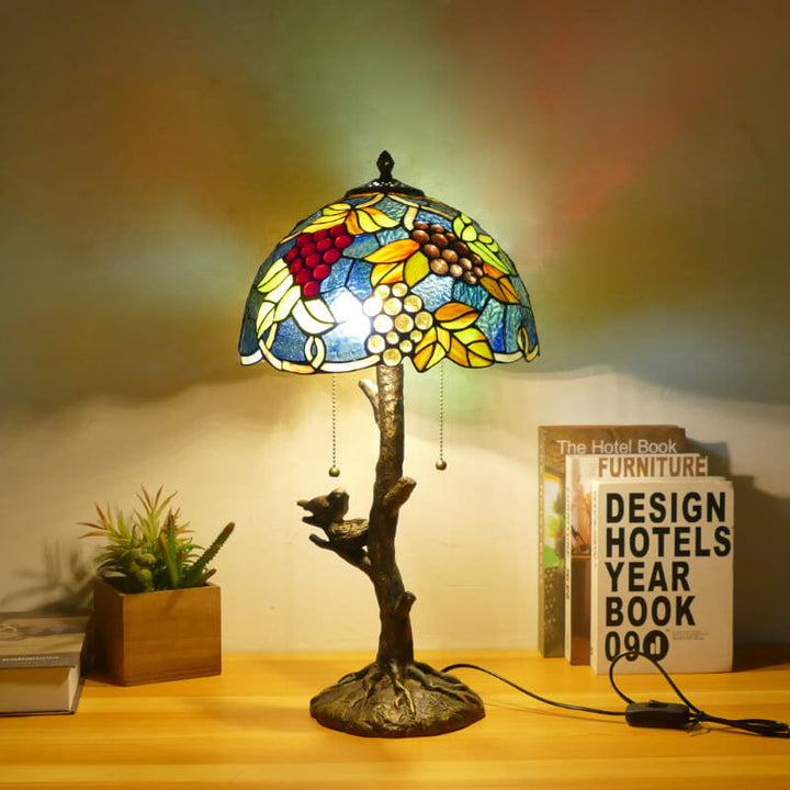 Traditional Tiffany Dragonfly Flower Stained Glass Bird Base 2-Light Table Lamp For Bedroom