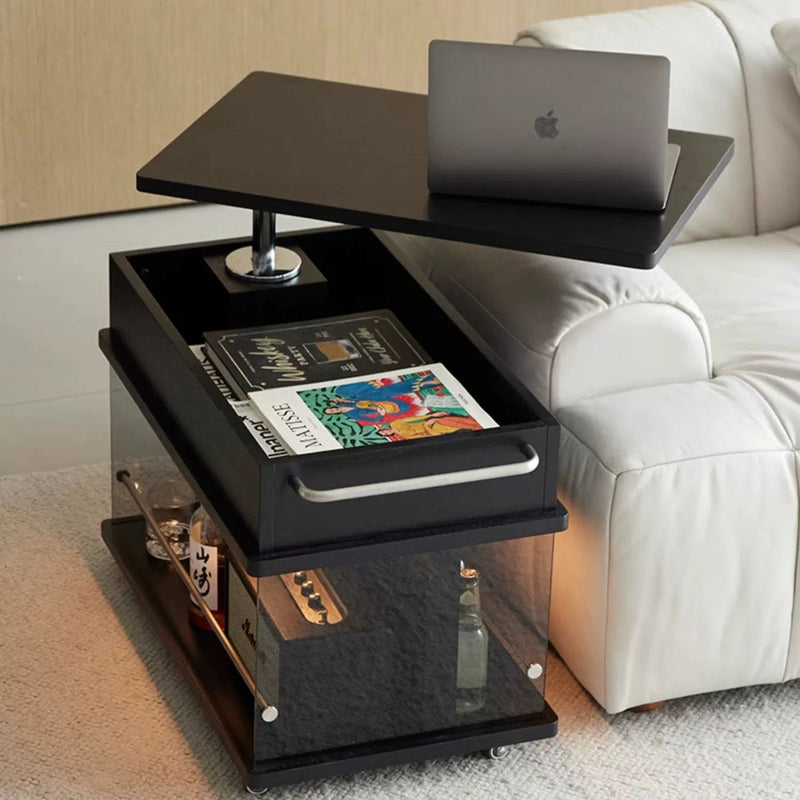 Moderner minimalistischer rechteckiger Holzplatten-Glas-Edelstahl-Beistelltisch mit 3-Staufächern, anhebbar für das Wohnzimmer 