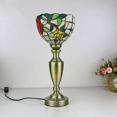 Traditional Tiffany European Floral Stained Glass Bowl Design 1-Light Table Lamp For Home Office