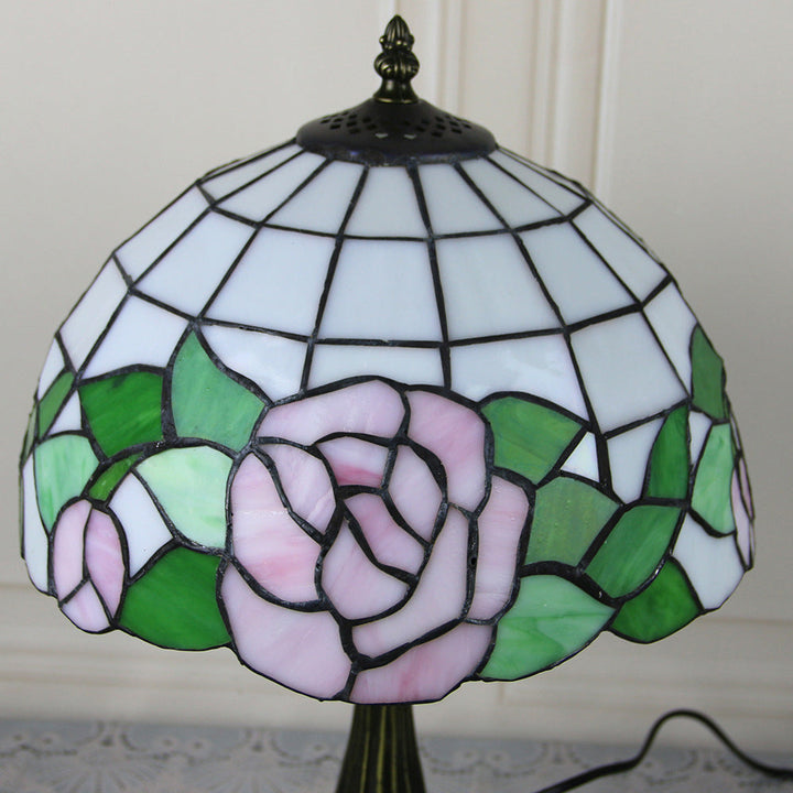 Abat-jour en dôme en verre teinté Tiffany traditionnel Base en alliage de lotus Lampe de table à 1 lumière pour chambre 