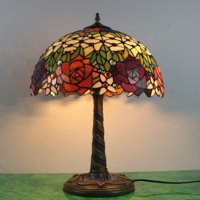 Traditional Tiffany Flower Decor Stained Glass Dome 2-Light Table Lamp For Bedroom