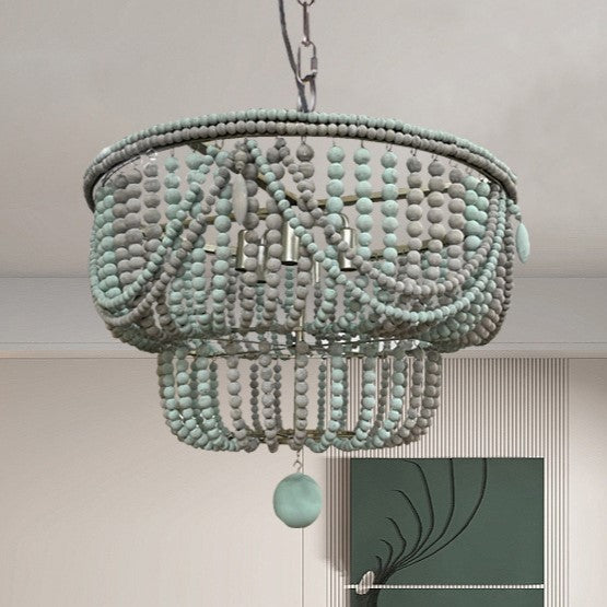 Lustre traditionnel rustique lanterne sphérique en fer et perles de bois à 4 lumières pour salon 