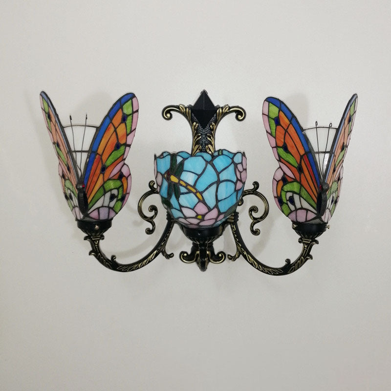 Traditional Tiffany European Butterfly Alloy Iron Glass 3-Light Wall Sconce Lamp For Hallway