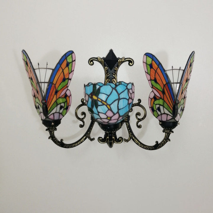 Traditional Tiffany European Butterfly Alloy Iron Glass 3-Light Wall Sconce Lamp For Hallway