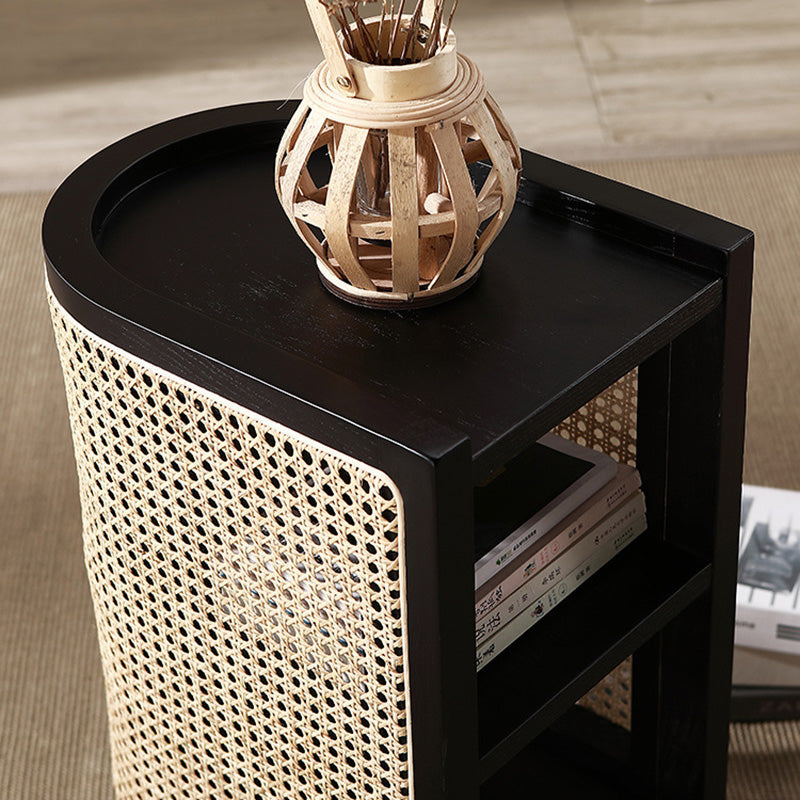 Traditional Japanese Weaving Semicircular Elliptical Faux Rattan Ash Wood Nightstand 2-Storage For Bedside