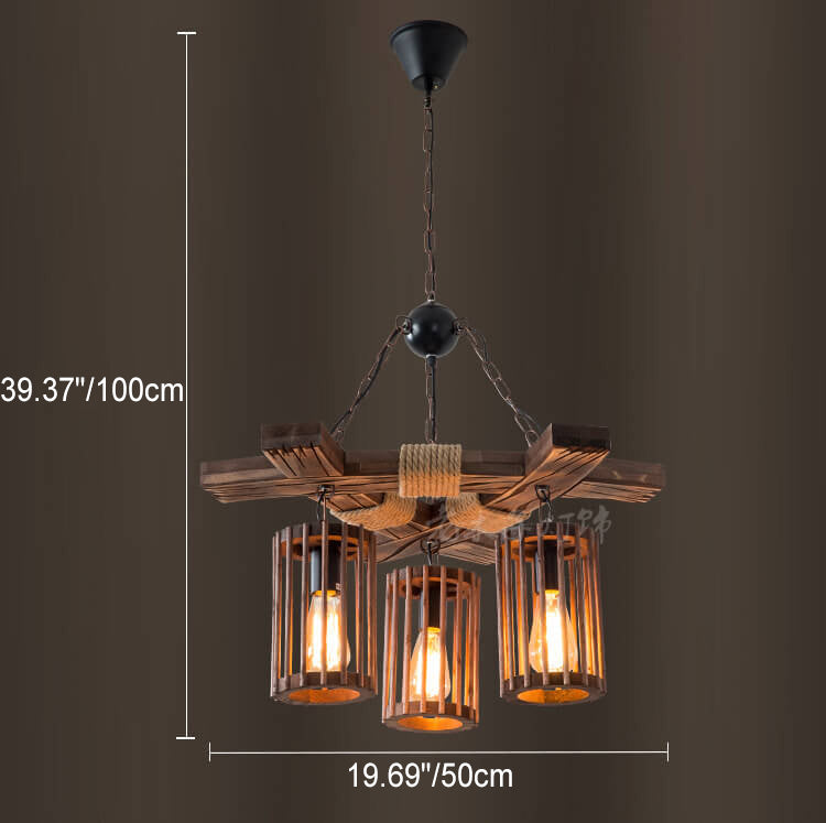 Pantalla de lámpara de jaula de pájaro de madera con cuerda de cáñamo retro, candelabro de 3 luces 