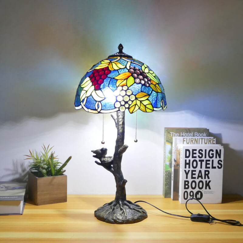 Traditional Tiffany Dragonfly Flower Stained Glass Bird Base 2-Light Table Lamp For Bedroom