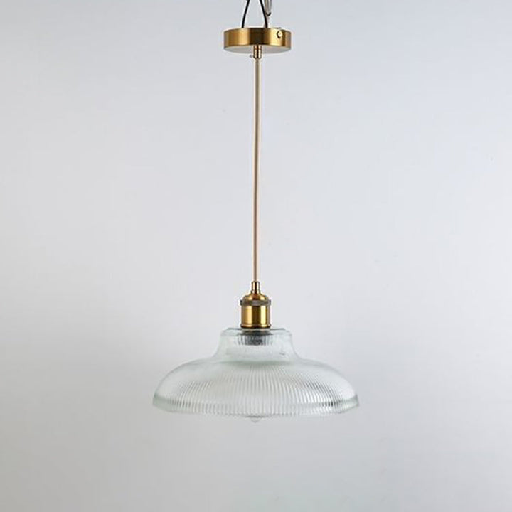Traditional Japanese Wood Brass Glass Semicircular Loudspeaker 1-Light Pendant Light For Dining Room