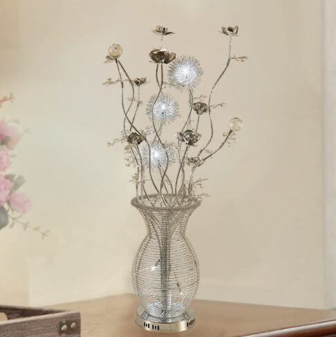 Contemporary Art Deco Floral Vase Base Aluminum 3-Light Table Lamp For Bedroom