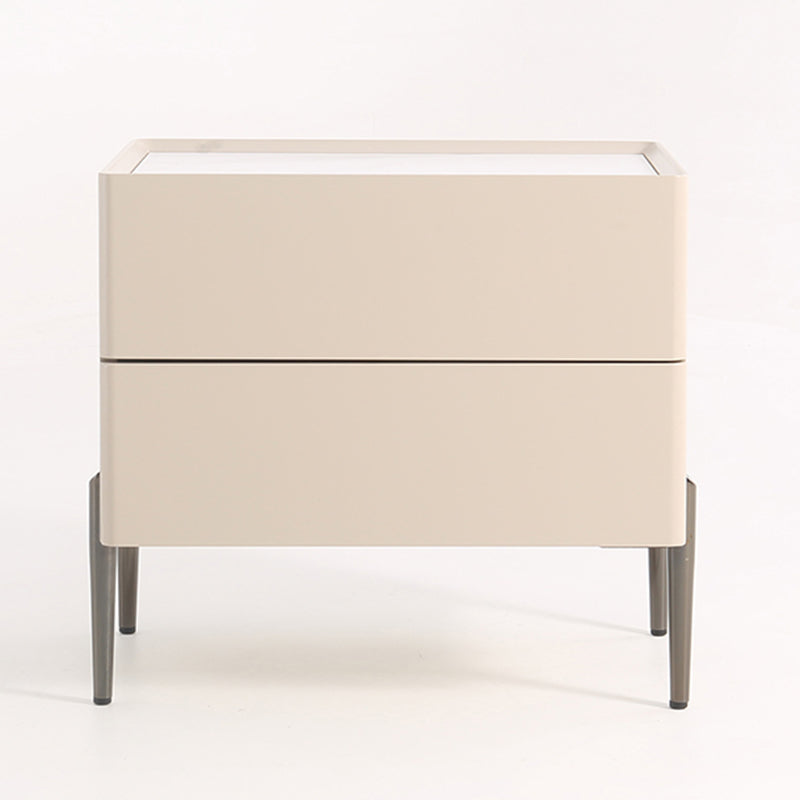 Contemporary Scandinavian Square Cream White 2-Drawer Storage Nightstand - Stone Slab Top Bedside Table For Bedroom