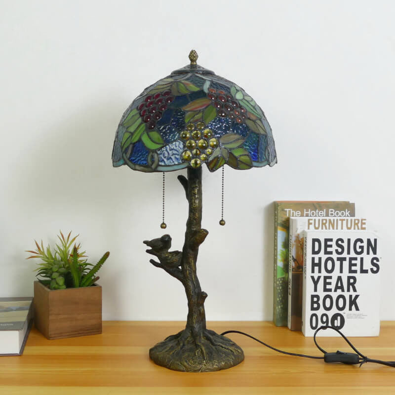 Traditional Tiffany Dragonfly Flower Stained Glass Bird Base 2-Light Table Lamp For Bedroom