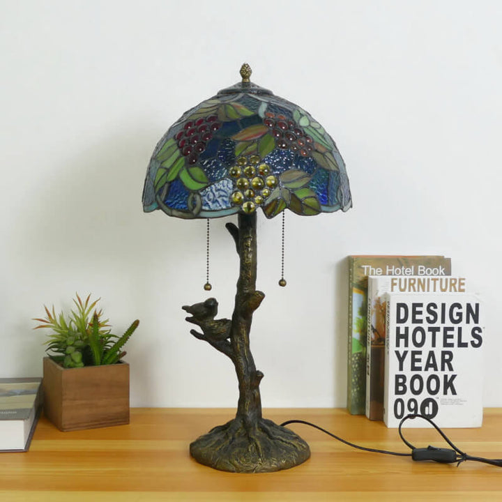 Traditional Tiffany Dragonfly Flower Stained Glass Bird Base 2-Light Table Lamp For Bedroom