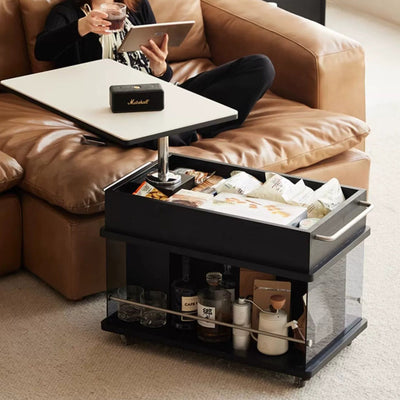 Moderner minimalistischer rechteckiger Holzplatten-Glas-Edelstahl-Beistelltisch mit 3-Staufächern, anhebbar für das Wohnzimmer 