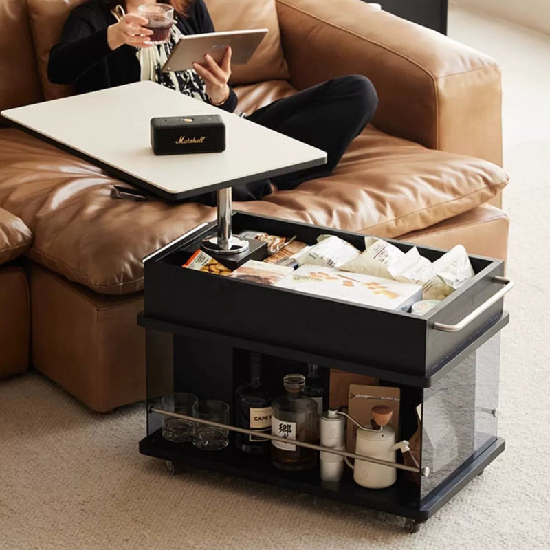 Moderner minimalistischer rechteckiger Holzplatten-Glas-Edelstahl-Beistelltisch mit 3-Staufächern, anhebbar für das Wohnzimmer 