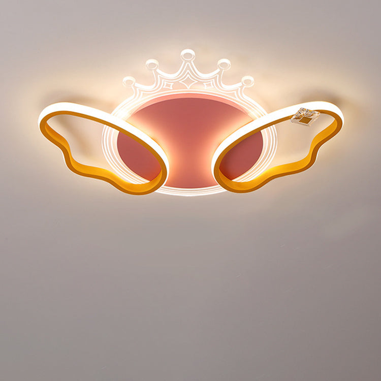 Modern Art Deco Butterfly Crown Round Acrylic Iron LED Flush Mount Ceiling Light For Bedroom