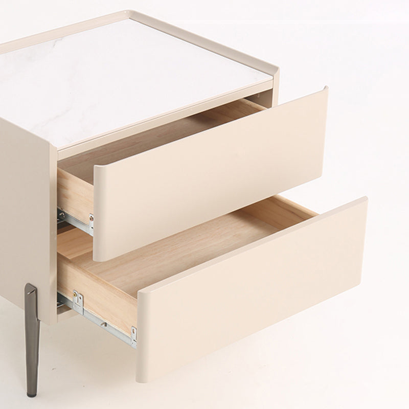 Contemporary Scandinavian Square Cream White 2-Drawer Storage Nightstand - Stone Slab Top Bedside Table For Bedroom