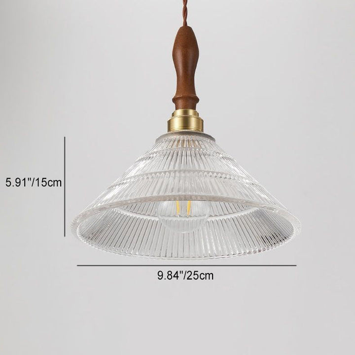 Traditional Japanese Wood Brass Glass Semicircular Loudspeaker 1-Light Pendant Light For Dining Room
