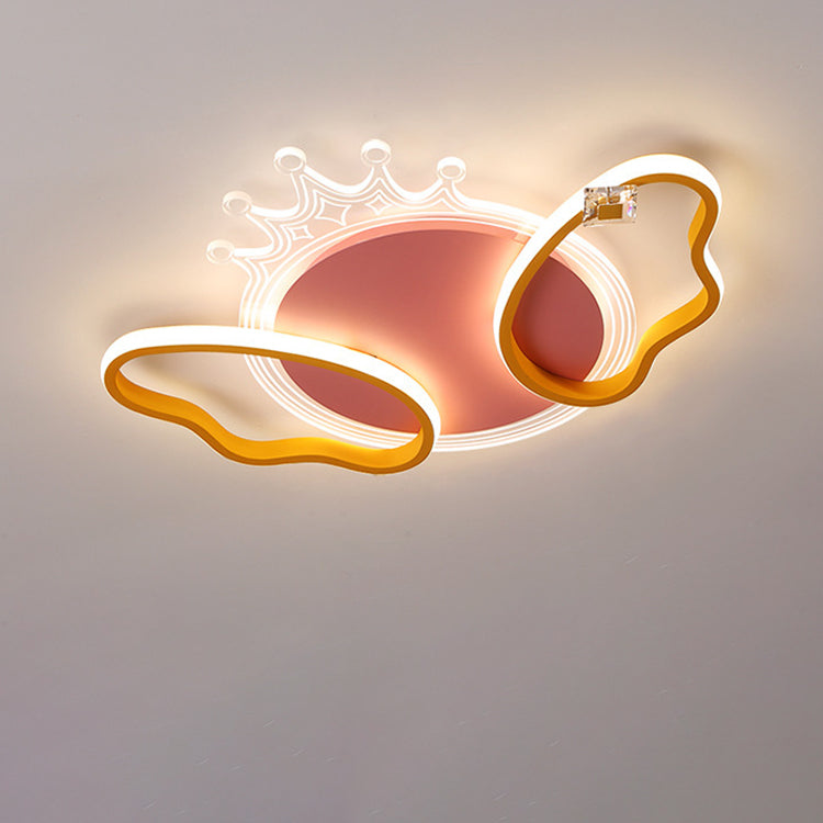 Modern Art Deco Butterfly Crown Round Acrylic Iron LED Flush Mount Ceiling Light For Bedroom
