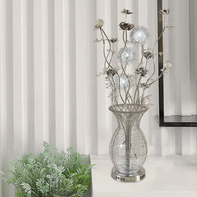 Contemporary Art Deco Floral Vase Base Aluminum 3-Light Table Lamp For Bedroom