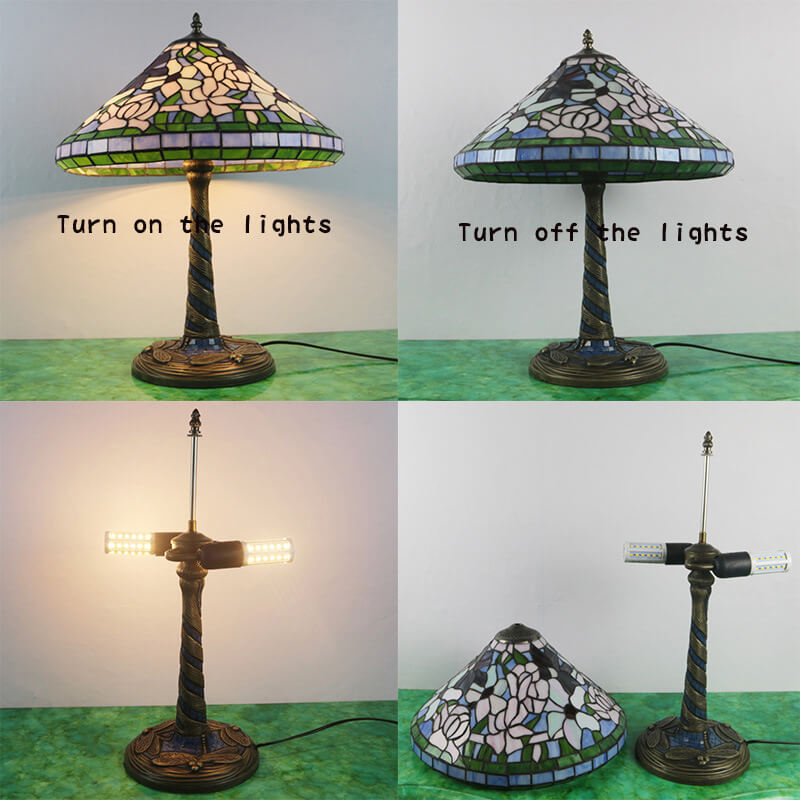 Traditional Tiffany Flower Decor Stained Glass Dome 2-Light Table Lamp For Bedroom