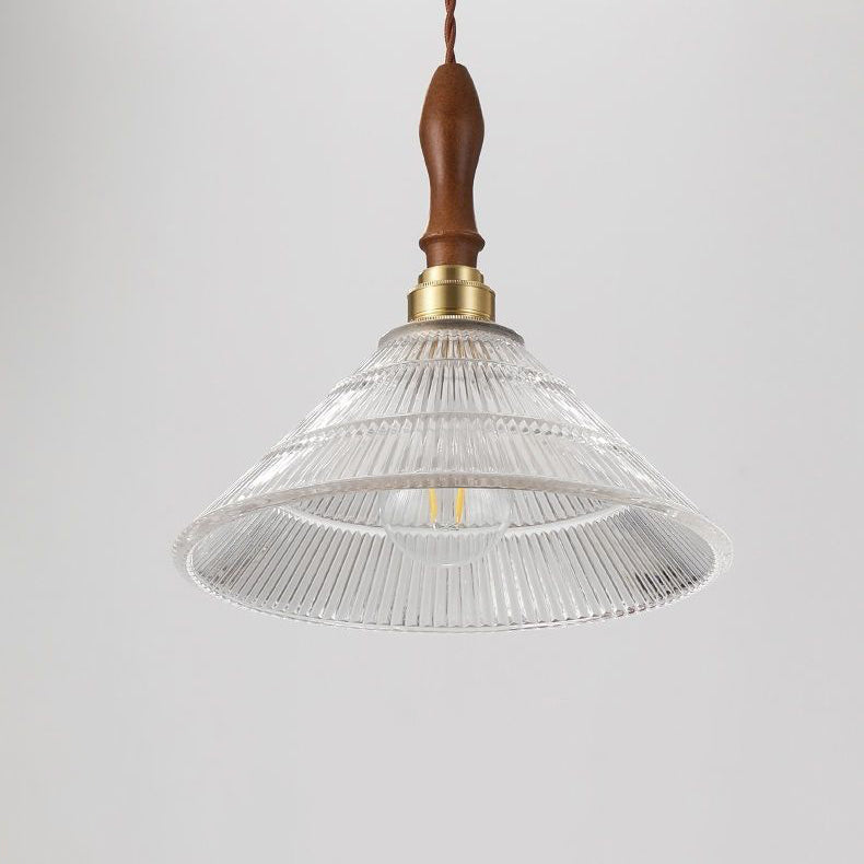 Traditional Japanese Wood Brass Glass Semicircular Loudspeaker 1-Light Pendant Light For Dining Room