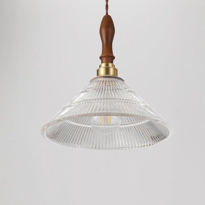Traditional Japanese Wood Brass Glass Semicircular Loudspeaker 1-Light Pendant Light For Dining Room