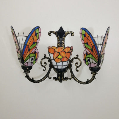 Traditional Tiffany European Butterfly Stained Glass 3-Light Wall Sconce Lamp For Hallway